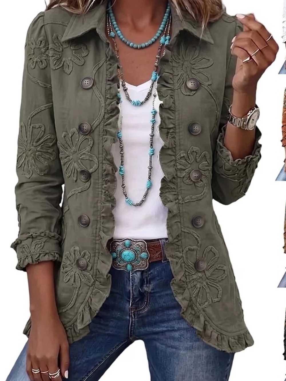 Olive Floral Embroidered Button-Front Jacket